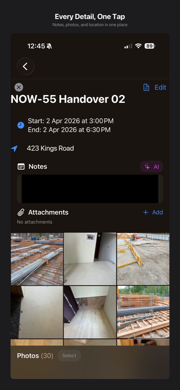 Event detail showing notes, location and matched photos