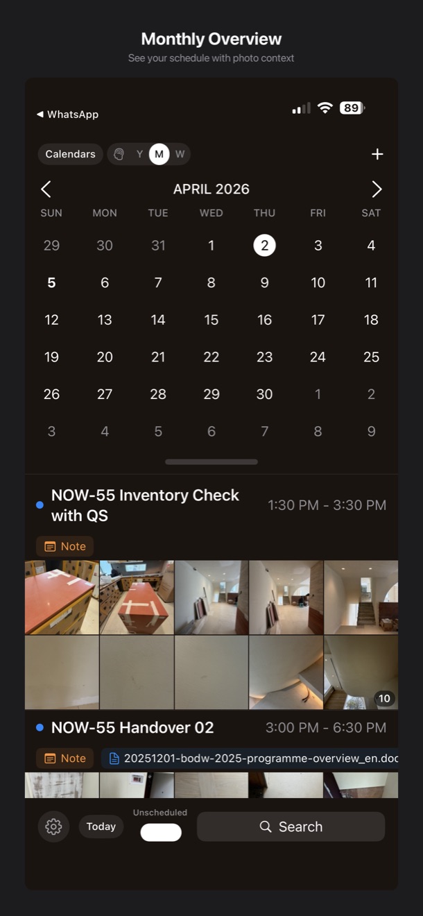 Nowadays monthly calendar overview with photos matched to events