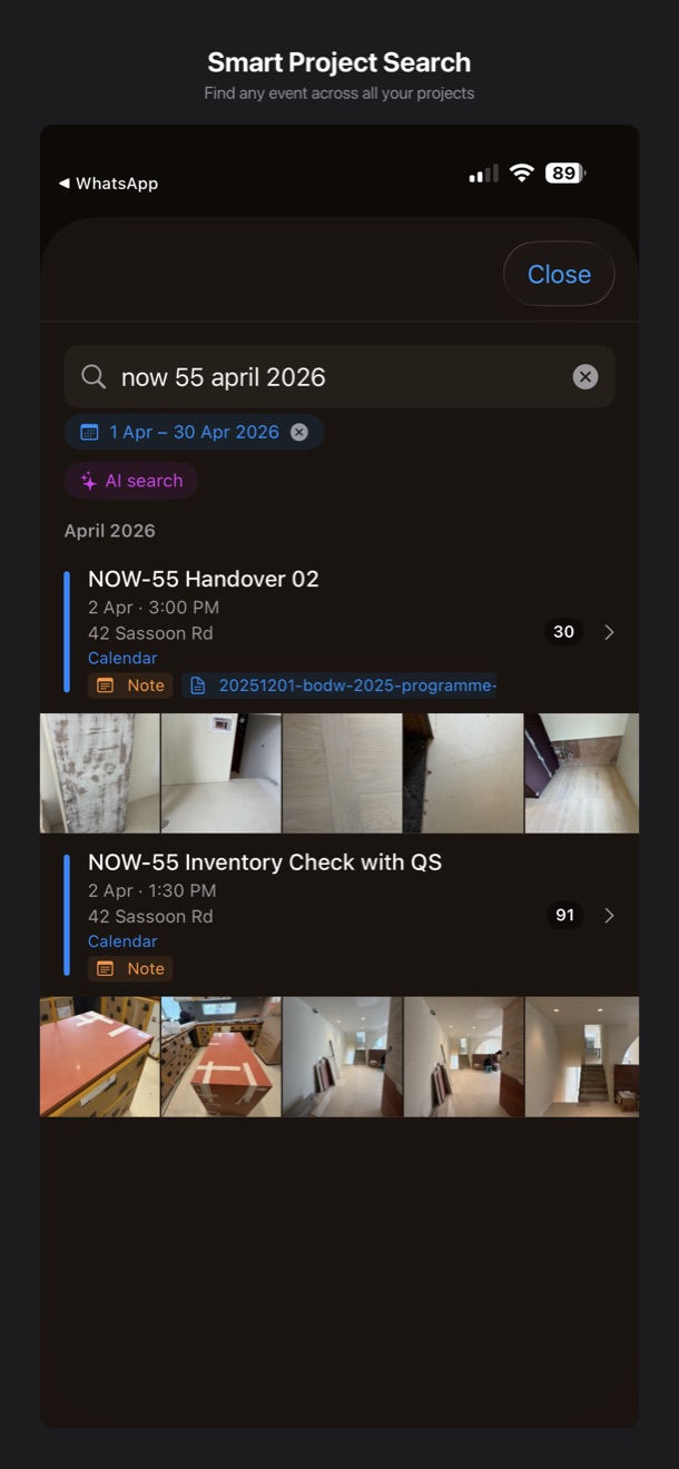 Smart project search finding events and photos across all your projects