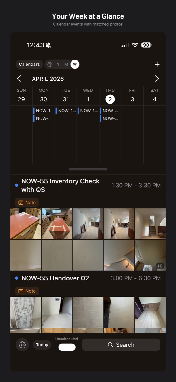 Nowadays weekly calendar — each event paired with the photos taken during it